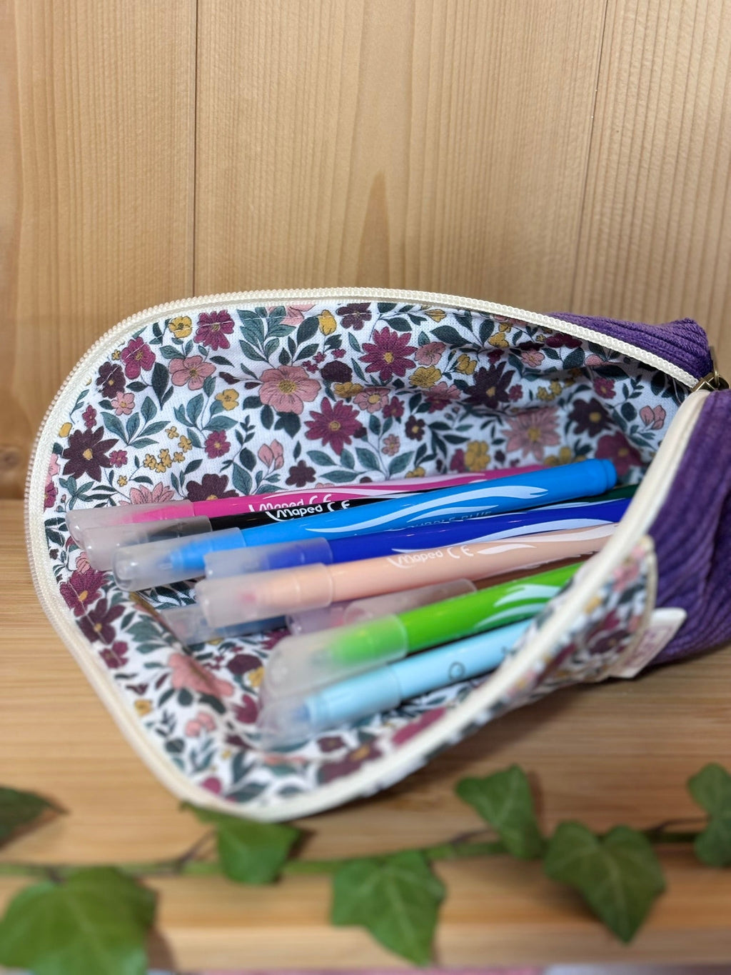 Trousse pot velours côtelé Violet Fleuri - En Stock De Rêve en Fil By Lalie