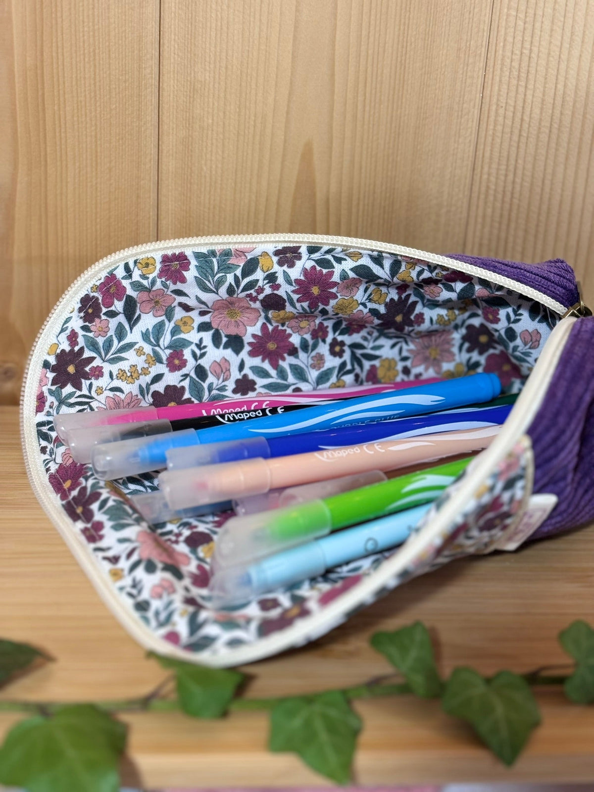 Trousse pot velours côtelé Violet Fleuri - En Stock De Rêve en Fil By Lalie